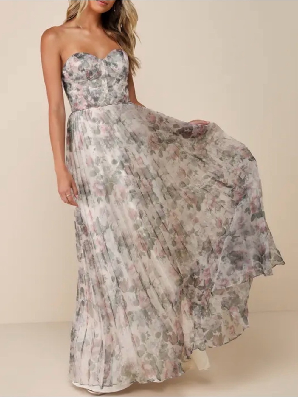 Lulu's Strapless Floral Pleated Maxi Dress in Pink and Green